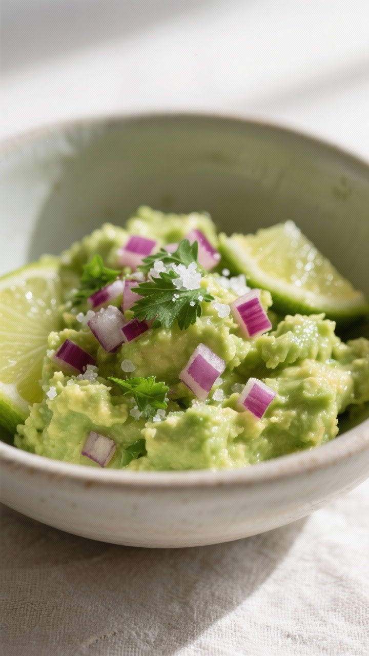 Close-up detail: A bowl of freshly mashed 4-ingredient guacamole with a chunky-yet-creamy texture, v
