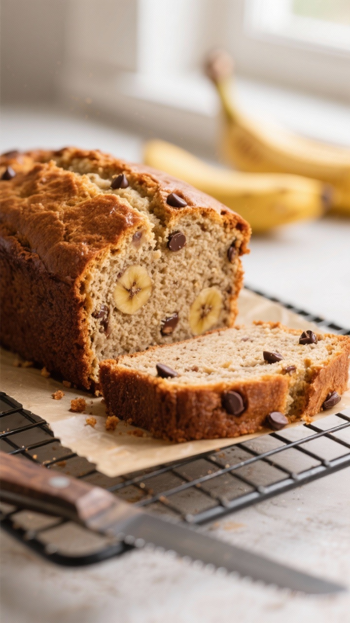 Close-up detail: A freshly baked gluten free banana bread loaf just lifted from the pan and set on a