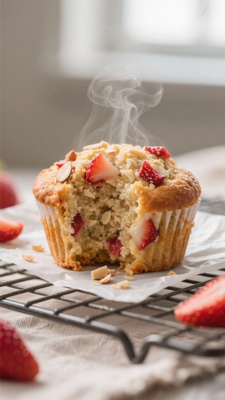 Close-up detail: A freshly baked keto strawberry muffin torn open on a parchment-lined cooling rack,