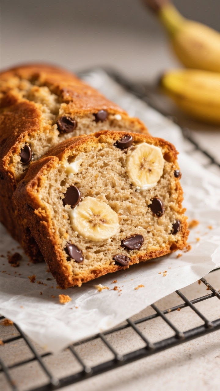 Close-up detail: A freshly baked protein banana bread slice on a wire rack, crumb set and moist with