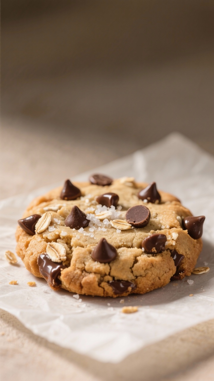 Close-up detail: A freshly baked single-serve protein cookie resting on parchment, edges set with a 