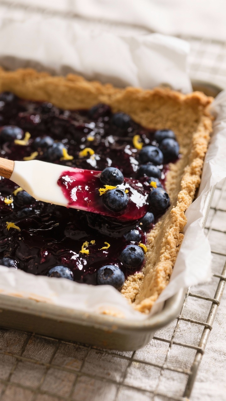Close-up detail: A golden, par-baked almond flour crust in an 8x8 parchment-lined pan just out of th
