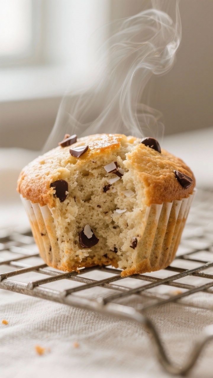Close-up detail: A just-baked coconut flour muffin torn open on a wire rack, steam rising, showing t