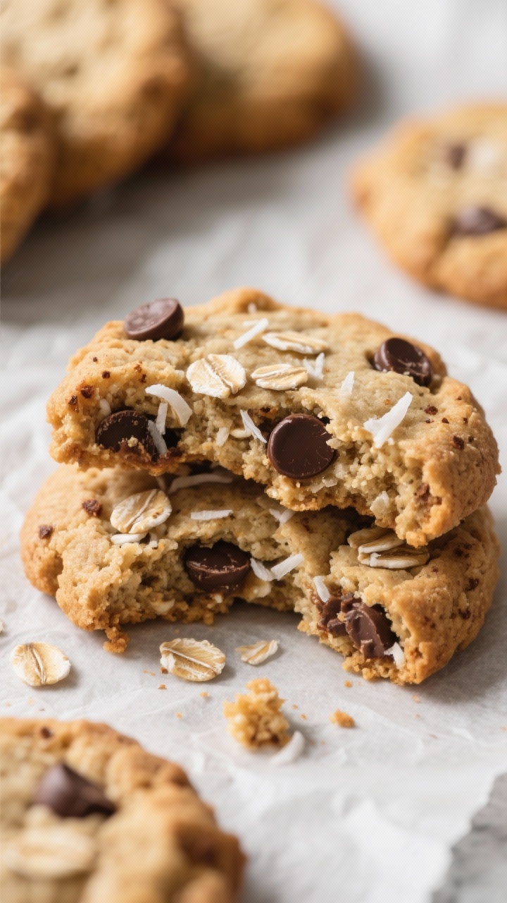 Close-up detail: A just-baked coconut flour oatmeal cookie broken in half to reveal a soft, chewy ce