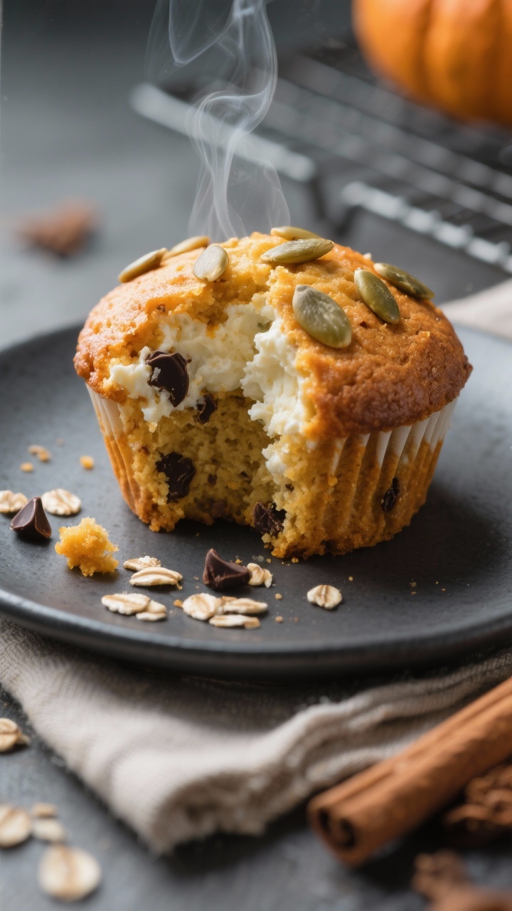 Close-up detail: A just-baked cottage cheese pumpkin muffin torn open to reveal a moist, tender crum