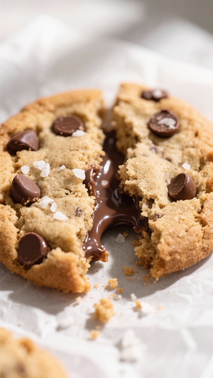 Close-up detail: A just-baked keto almond flour chocolate chip cookie broken in half, melty sugar-fr