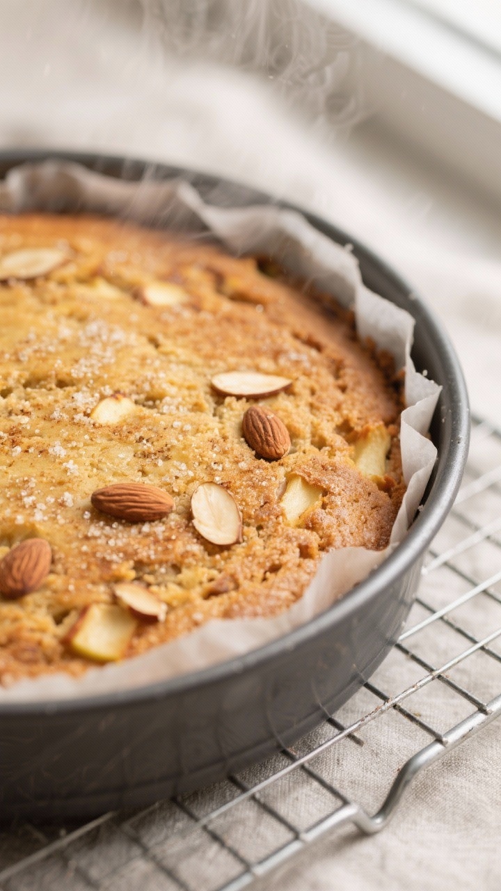 Close-up detail: A just-baked Keto Apple Cake still in the parchment-lined 8-inch round pan, golden-