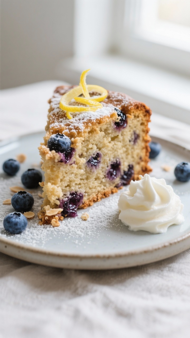 Close-up detail: A just-baked keto blueberry cake slice with a moist almond-coconut crumb, pockets o