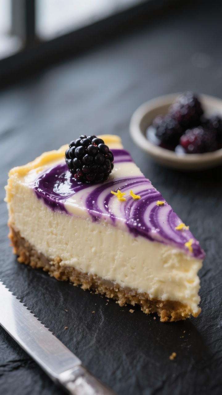 Close-up detail: A slice of keto blackberry cheesecake just after chilling, showing ultra-smooth, cr