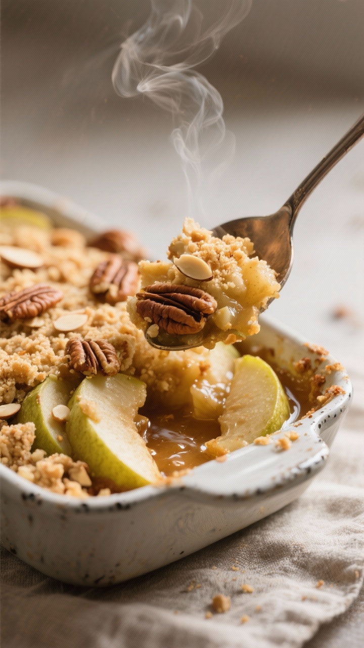 Close-up detail: A spoon breaking through the golden, buttery almond-flour and chopped-pecan crumble