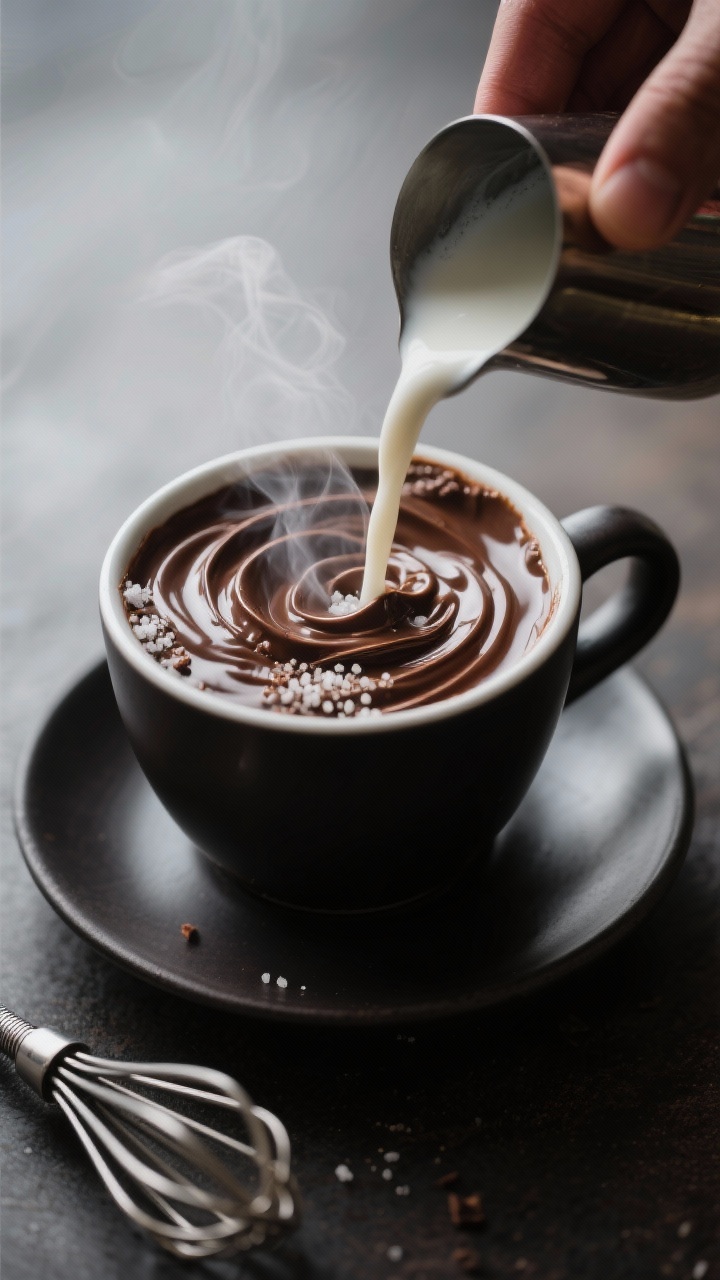 Close-up detail: A steaming peppermint mocha mid-prep as hot milk is being poured into a mug of glos