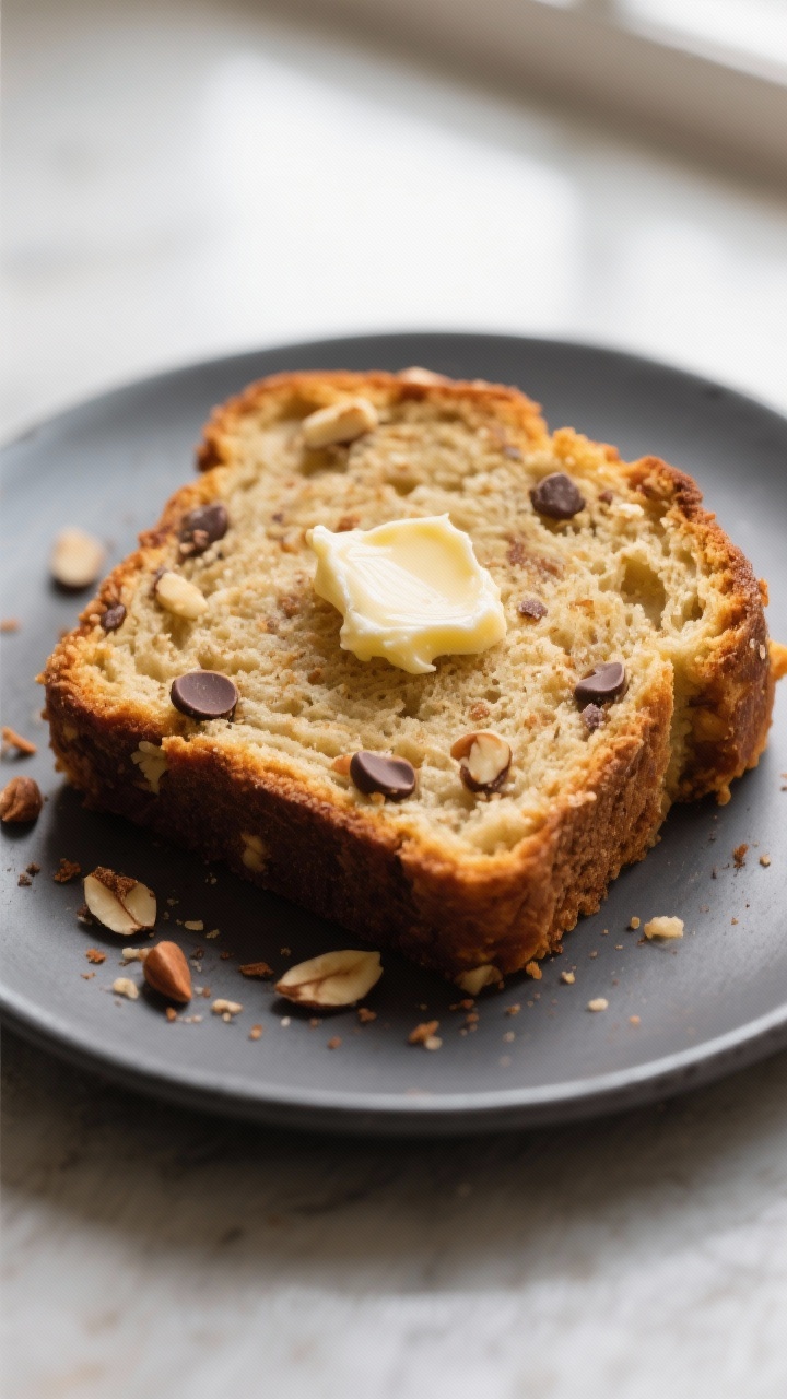 Close-up detail: A thick slice of keto banana bread just toasted, butter melting into the golden, nu