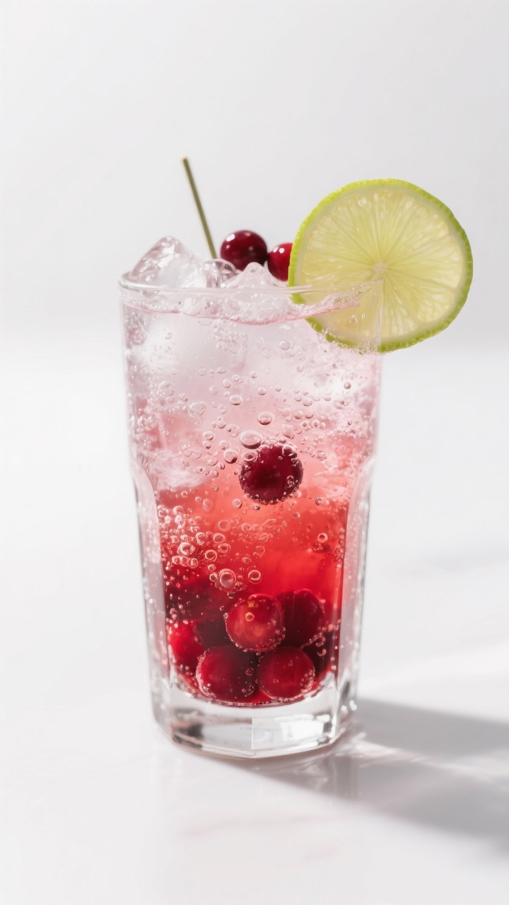 Close-up detail: An icy vodka cranberry spritzer mid-stir, showing effervescent soda bubbles racing