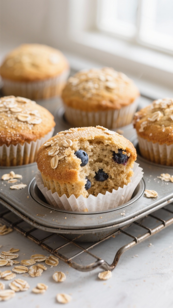 Close-up detail: Freshly baked almond flour oatmeal muffins just out of the oven, golden domed tops 