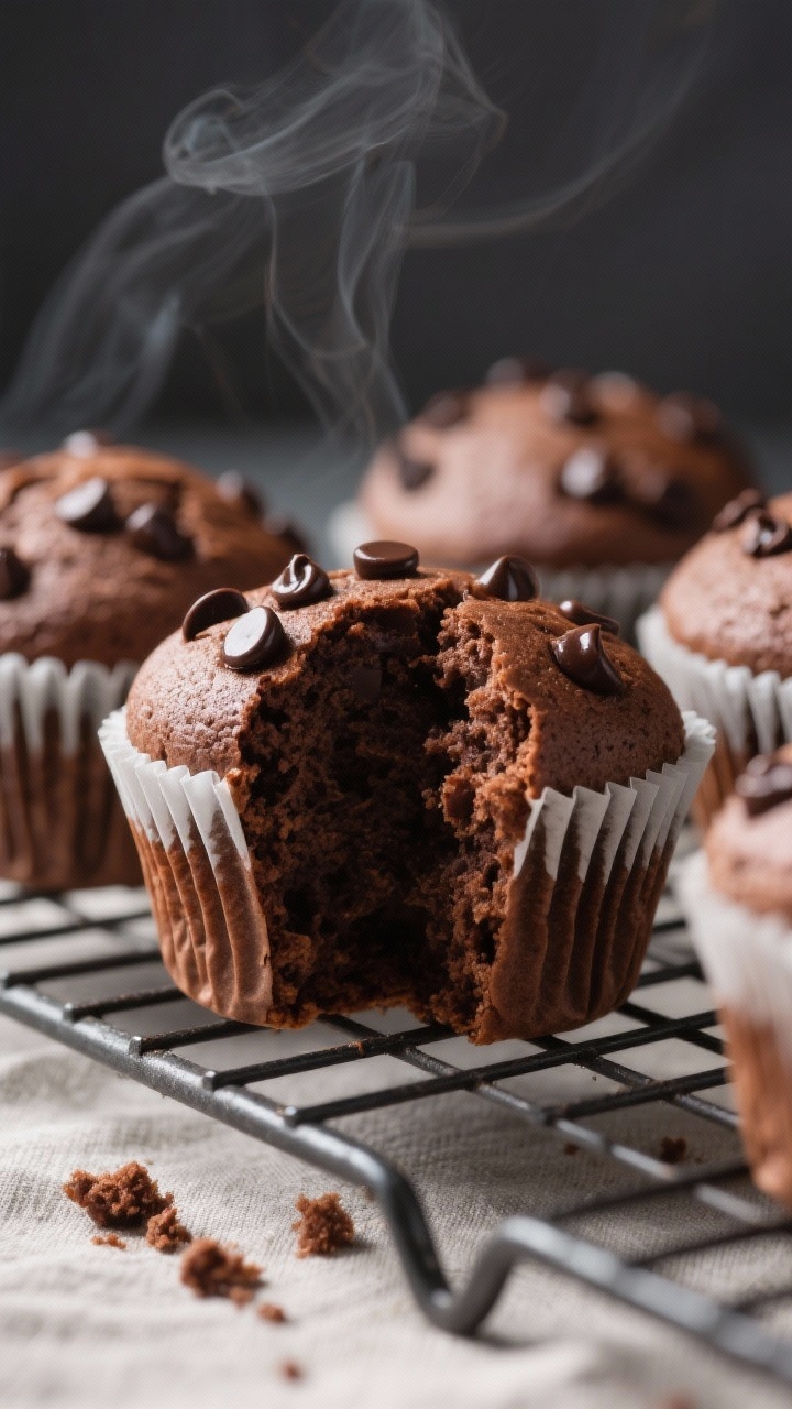 Close-up detail: Freshly baked chocolate protein muffins just out of the oven, domed tops studded wi