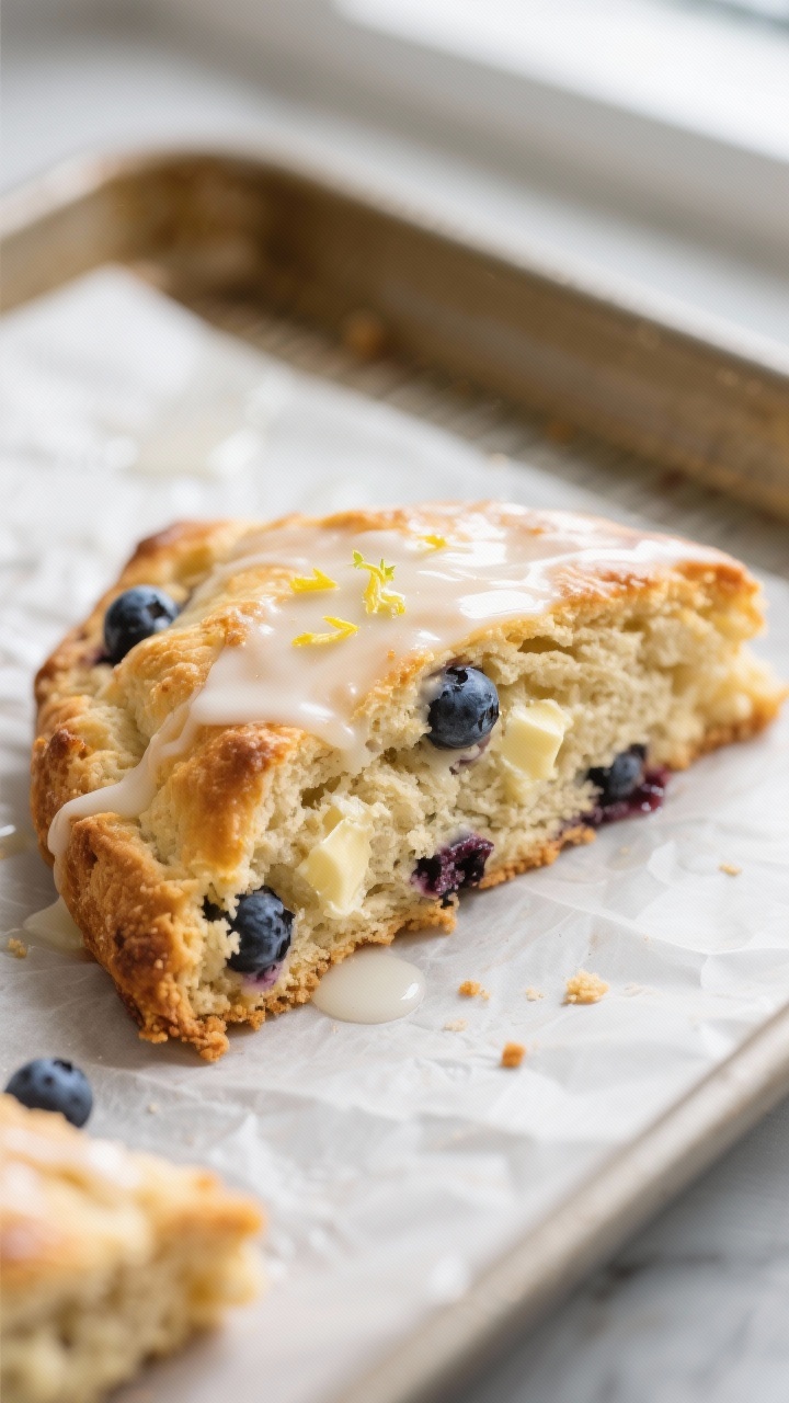 Close-up detail: Freshly baked keto blueberry scone wedge just out of the oven, golden-crisp edges a