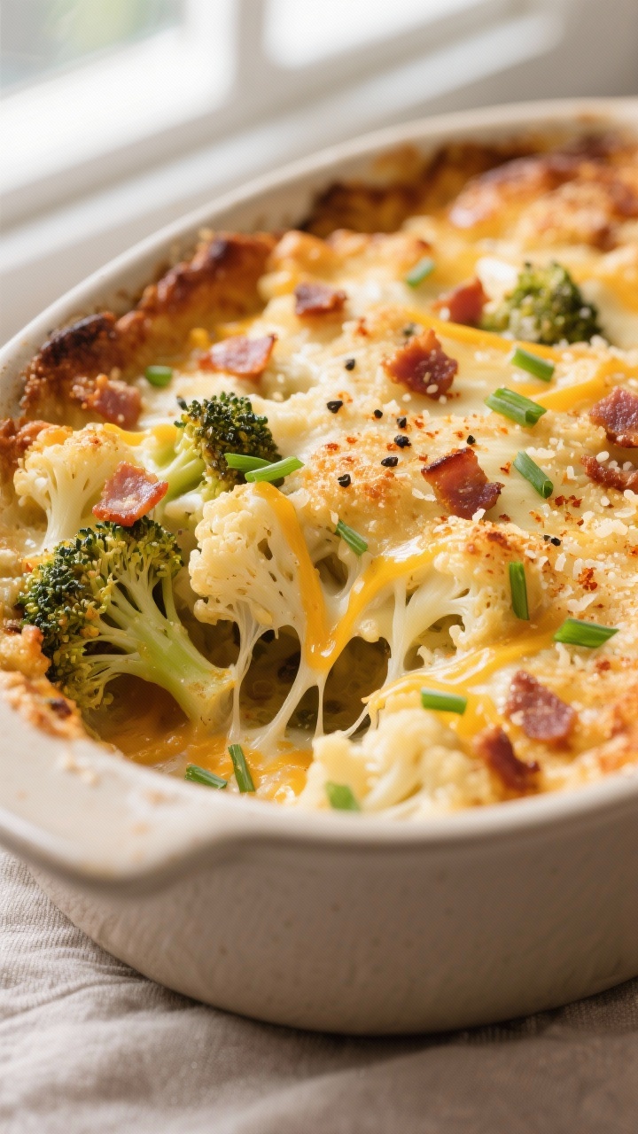 Close-up detail: Golden-bubbly Keto Broccoli Cauliflower Casserole just out of the oven, showing str