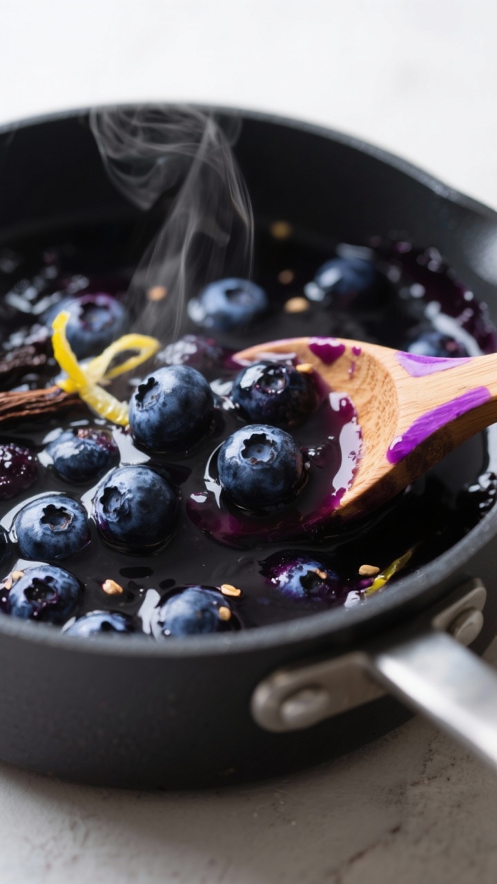 Close-up detail: Jammy keto blueberry sauce simmering in a small matte-black saucepan, glossy deep-i
