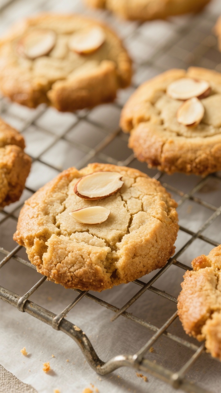 Close-up detail of freshly baked Keto Almond Cookies cooling on a wire rack, edges just turning gold