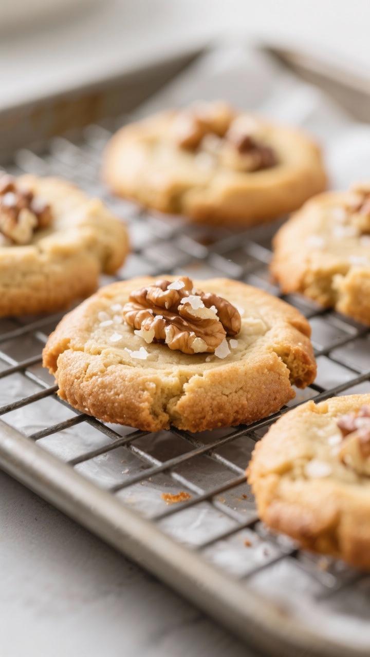 Close-up detail of freshly baked keto walnut cookies cooling on a wire rack: golden-brown edges with