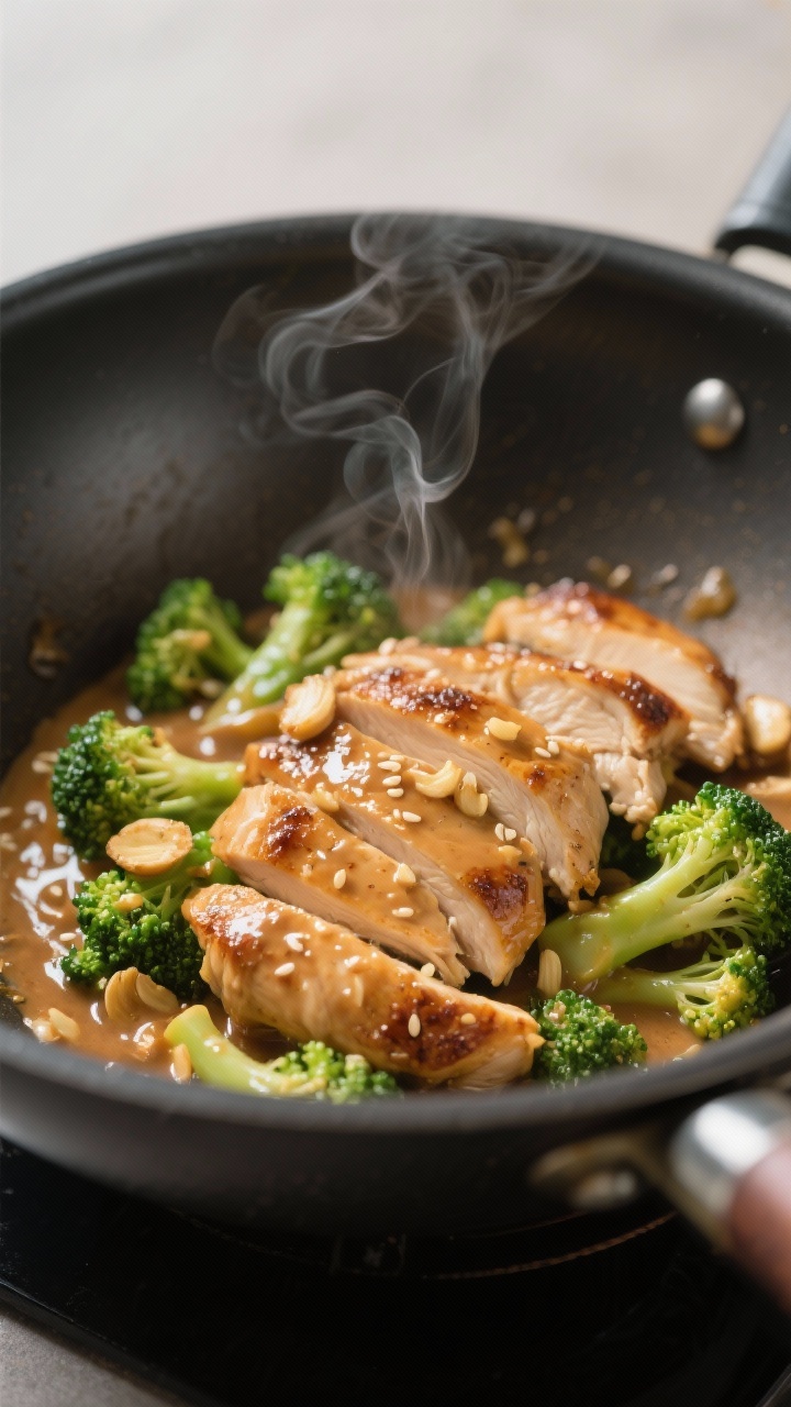 Close-up detail: Seared chicken slices and crisp-tender broccoli tossed in silky Thai peanut sauce m
