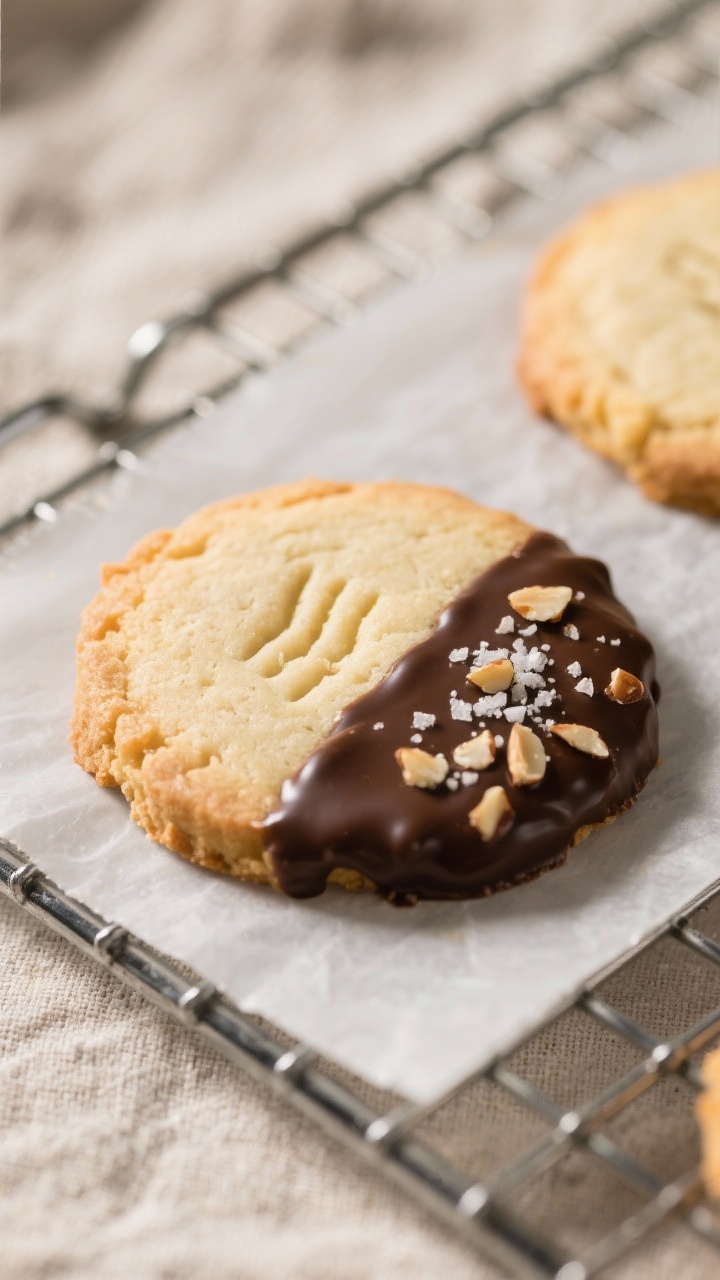 Close-up detail shot: A just-baked keto almond shortbread cookie cooling on a wire rack, edges light