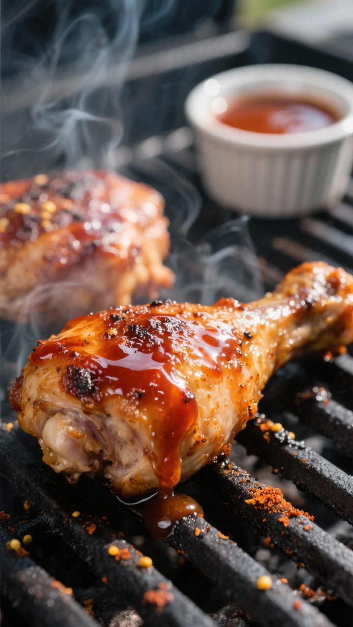 Close-up detail shot: Glazed keto barbecue chicken thigh on the grill, skin blistered and crisp with
