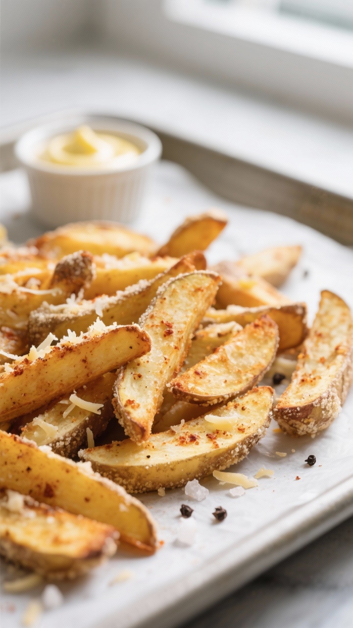 Close-up detail shot: Golden-brown rutabaga keto fries just out of the air fryer, crisp, blistered e