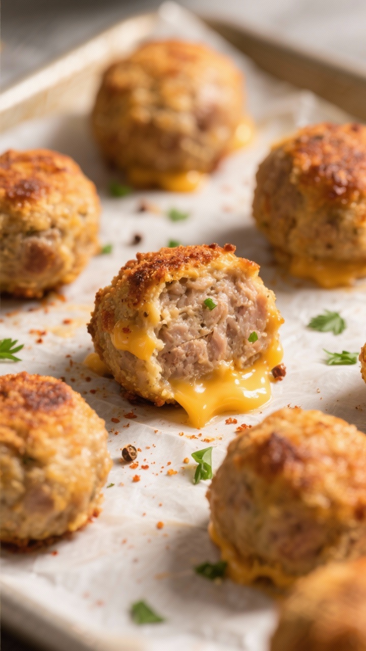 Close-up detail shot: Just-baked keto sausage balls on a parchment-lined sheet, golden-brown and lig