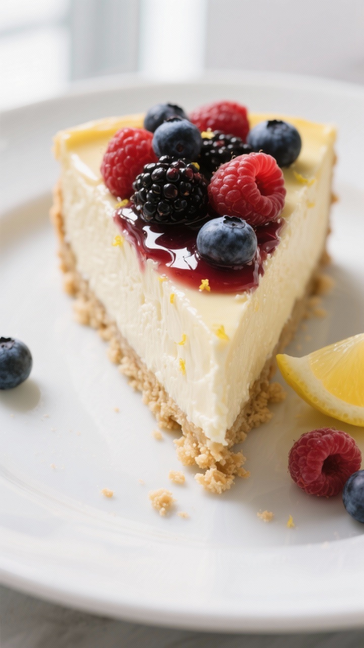 Close-up detail shot of a chilled keto berry cheesecake slice just cut, showing ultra-smooth, glossy