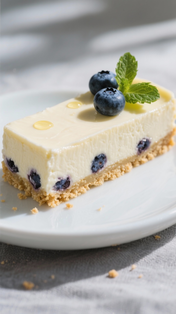 Close-up detail shot of a chilled keto blueberry cheesecake bar just after slicing: silky, pale crea