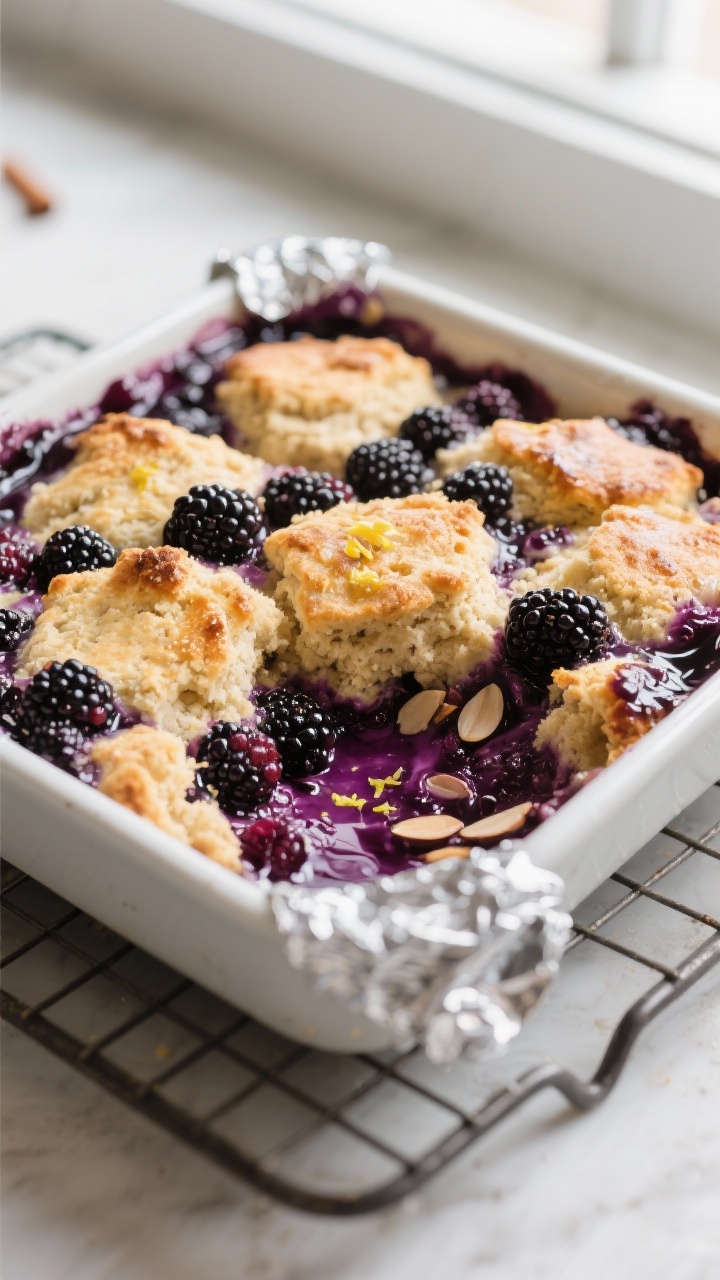 Close-up detail shot of bubbling keto blackberry cobbler just out of the oven: glossy, jammy blackbe
