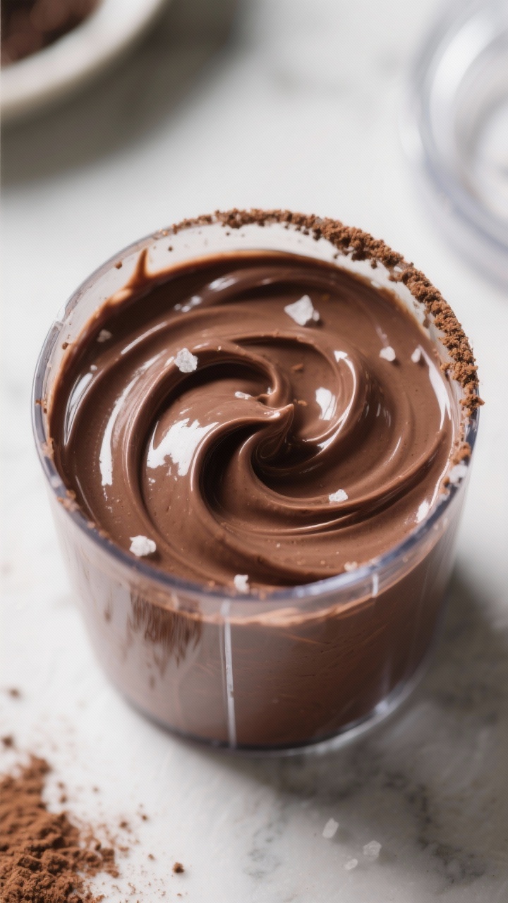 Close-up detail: Silky keto avocado chocolate pudding mid-blend in a glass blender jar, glossy, mous