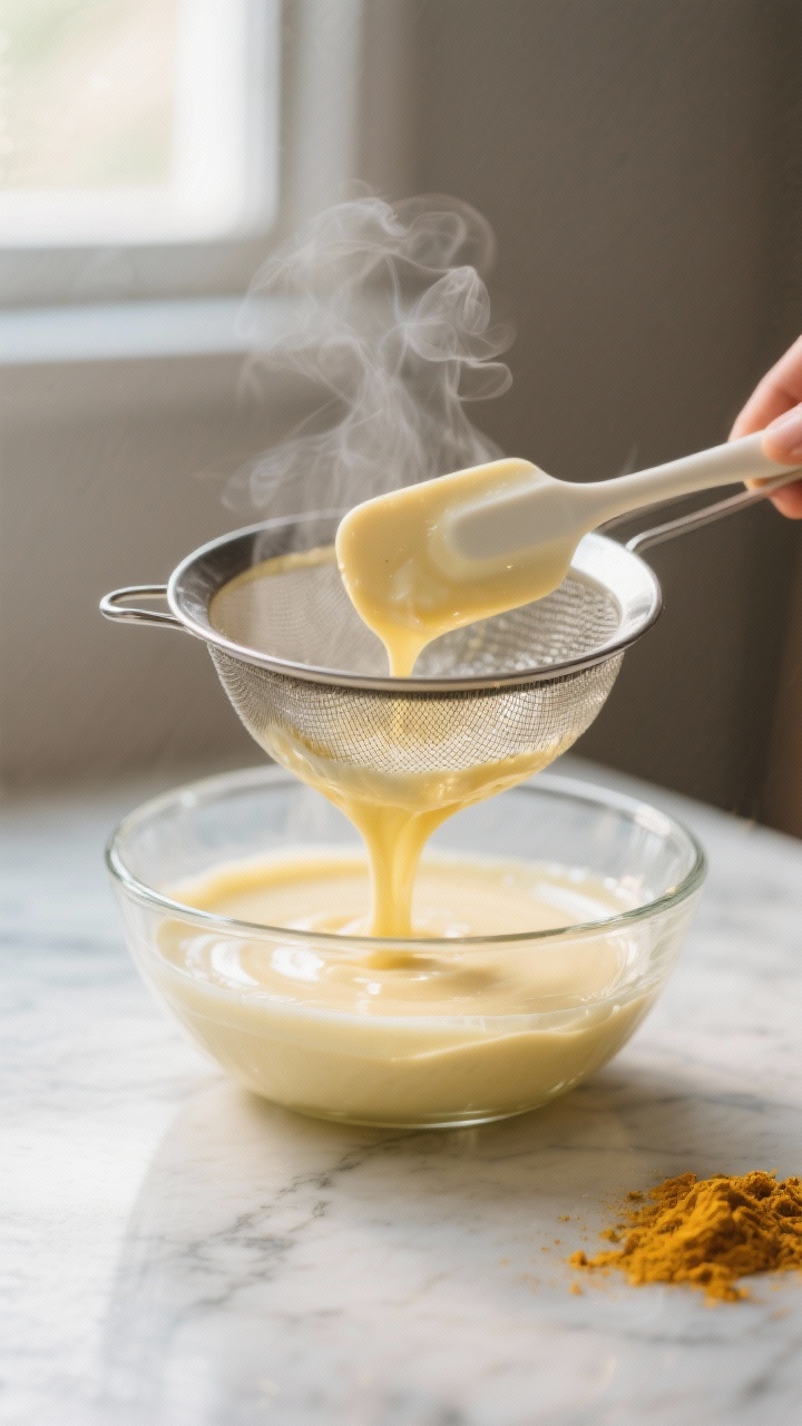 Close-up detail: Silky keto banana pudding custard being strained through a fine-mesh sieve into a c
