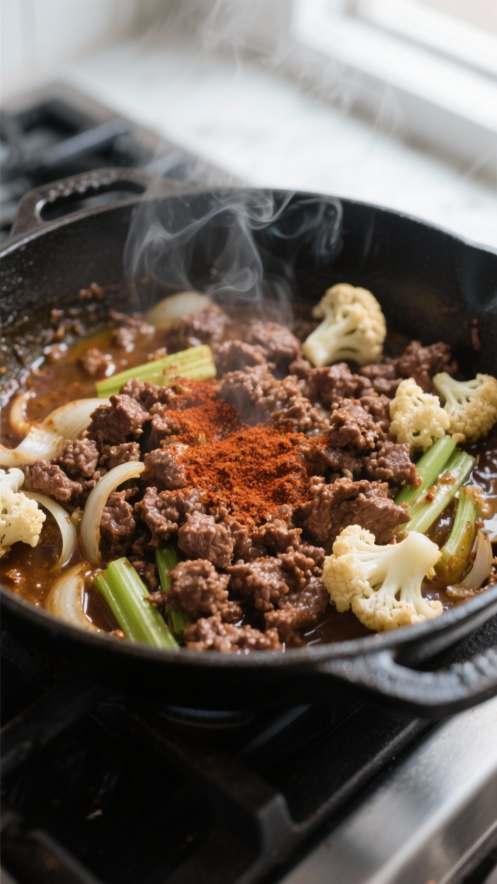 Close-up detail: Sizzling browned ground beef in a Dutch oven with crispy, caramelized edges and glo