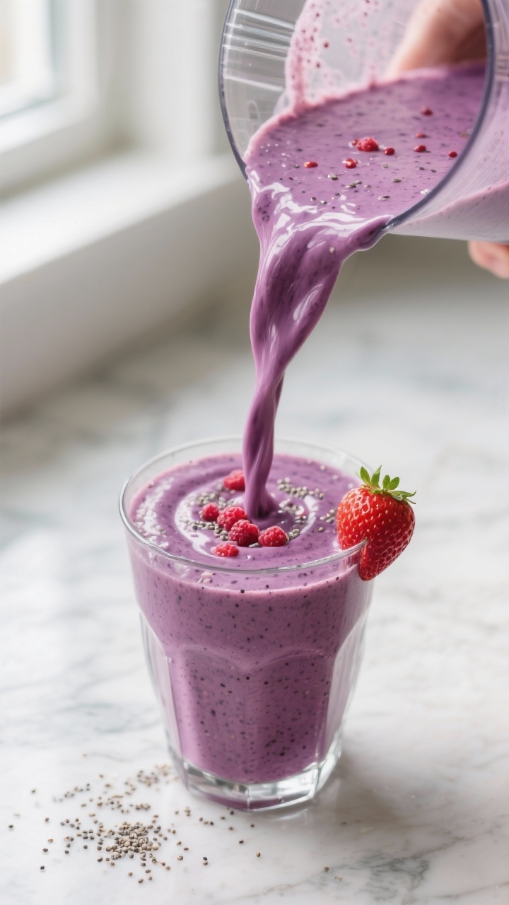 Close-up detail: Thick, creamy keto berry smoothie being poured from a blender into a chilled clear 