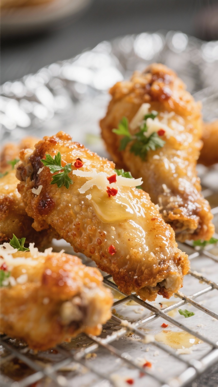Close-up detail: Ultra-crisp Parmesan garlic wings just out of the oven, golden blistered skin with 