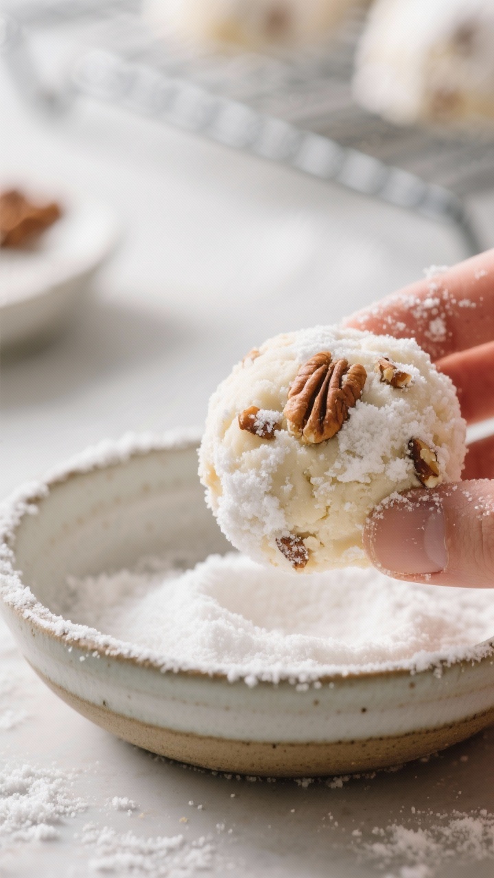 Close-up detail: Warm keto snowball cookies just out of the oven being rolled in powdered erythritol