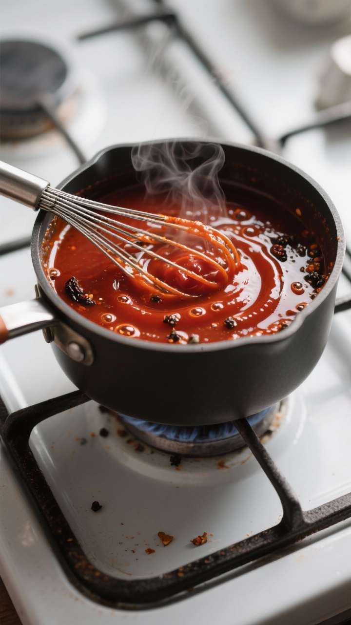 Cooking process close-up: A small saucepan of simmering keto barbecue sauce on the stovetop, glossy 