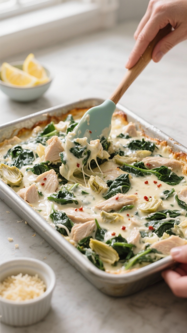 Cooking process, close-up detail: Close-up of the spinach artichoke chicken mixture being spread int