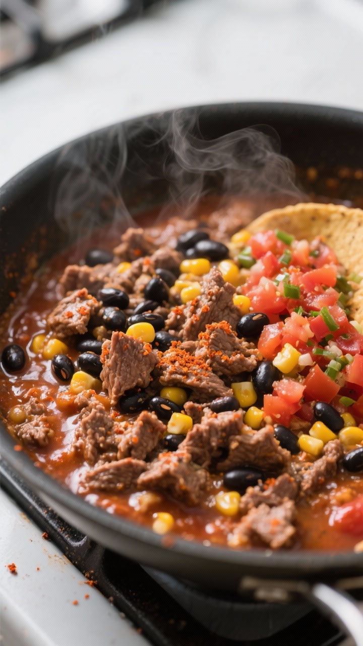 Cooking process close-up: Seasoned beef, black beans, corn, salsa, and tomato sauce simmering togeth