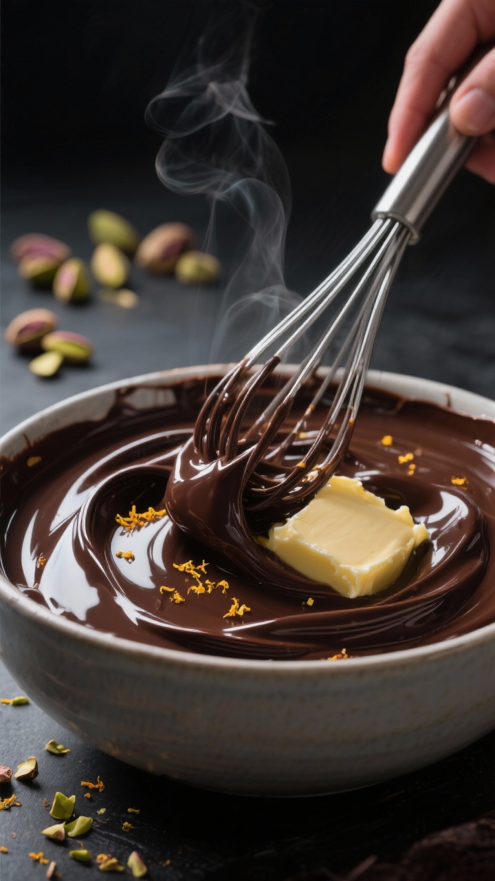 Cooking process close-up: Thick, glossy dark chocolate ganache being whisked to a mirror-smooth shee