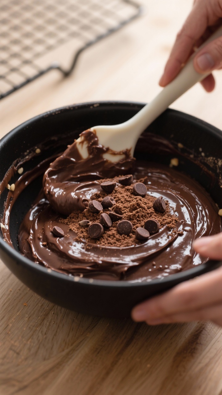 Cooking process close-up: Thick, glossy keto chocolate muffin batter being gently folded with a sili
