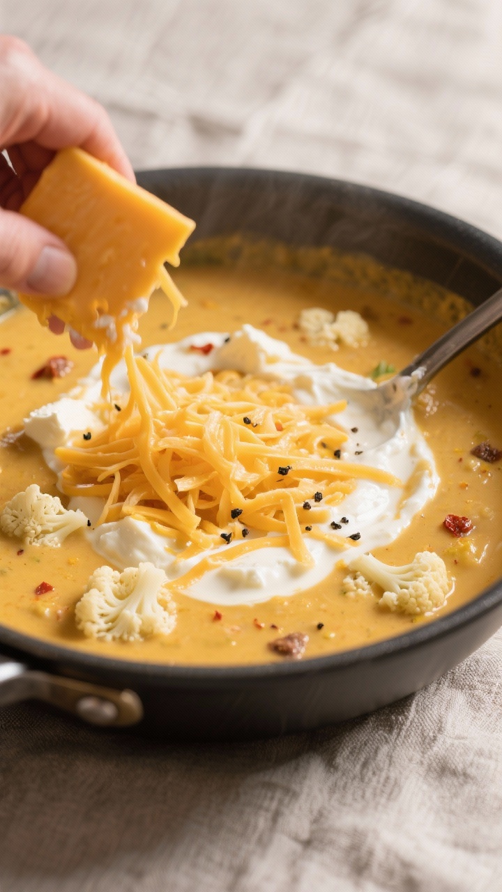 Cooking process: Creamy cheddar melt stage of keto cheeseburger soup—silky base with heavy cream a
