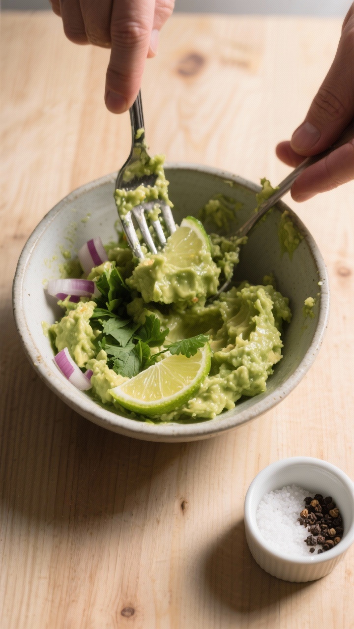 Cooking process: Guacamole being mixed in a medium bowl right after lime juice is added—fork mid-m