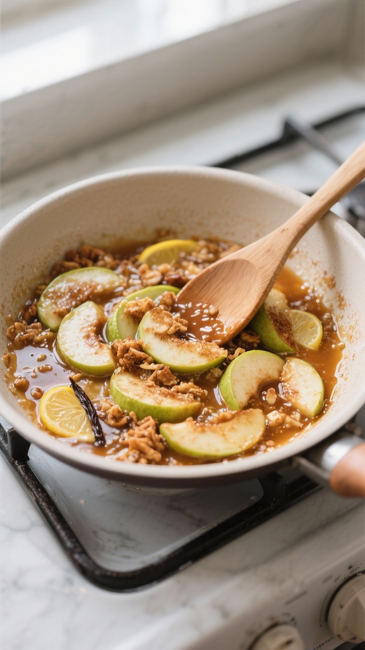 Cooking process: Keto apple crisp filling simmering in a skillet—softened chayote half-moons coate