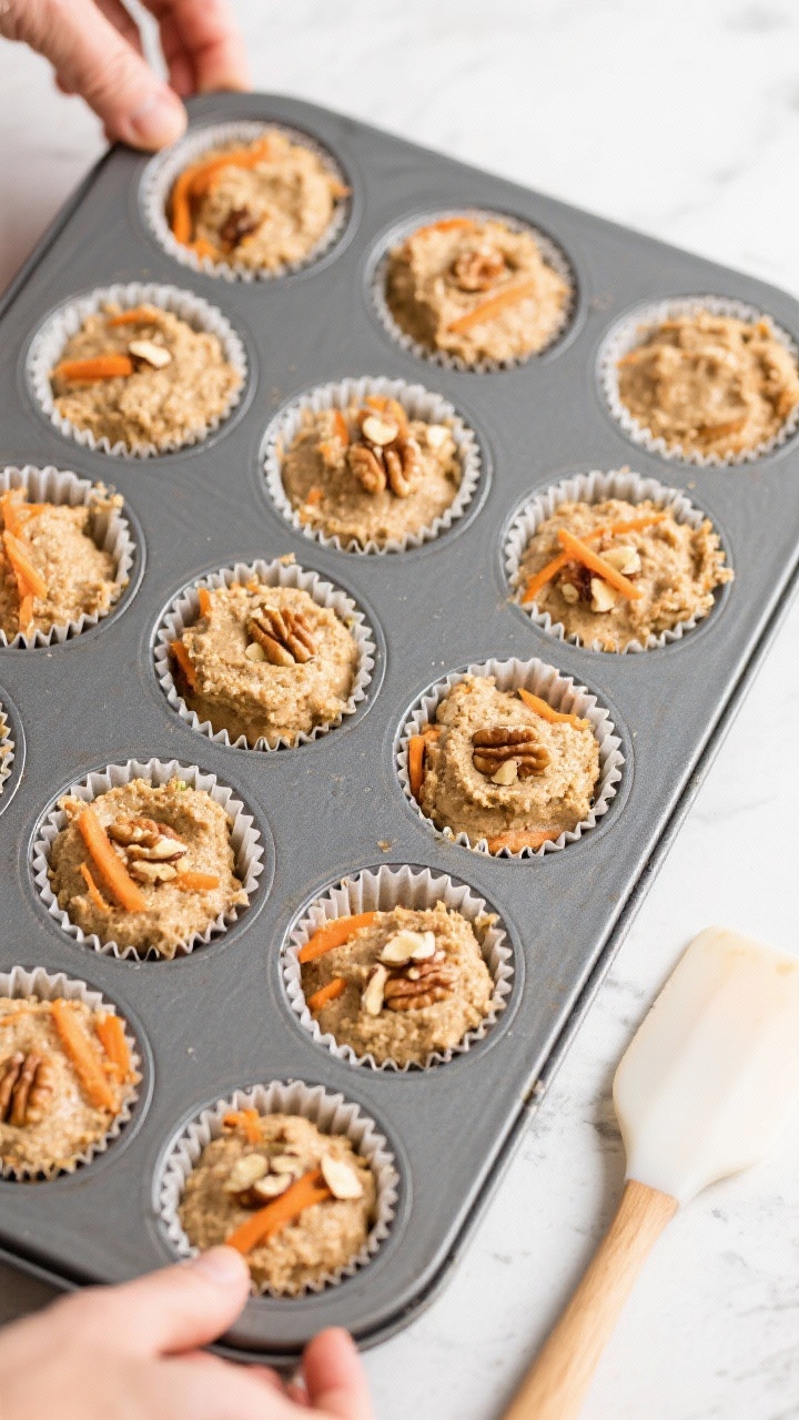 Cooking process: Overhead shot of a lined 12-cup muffin tin just filled with thick, textured keto ca