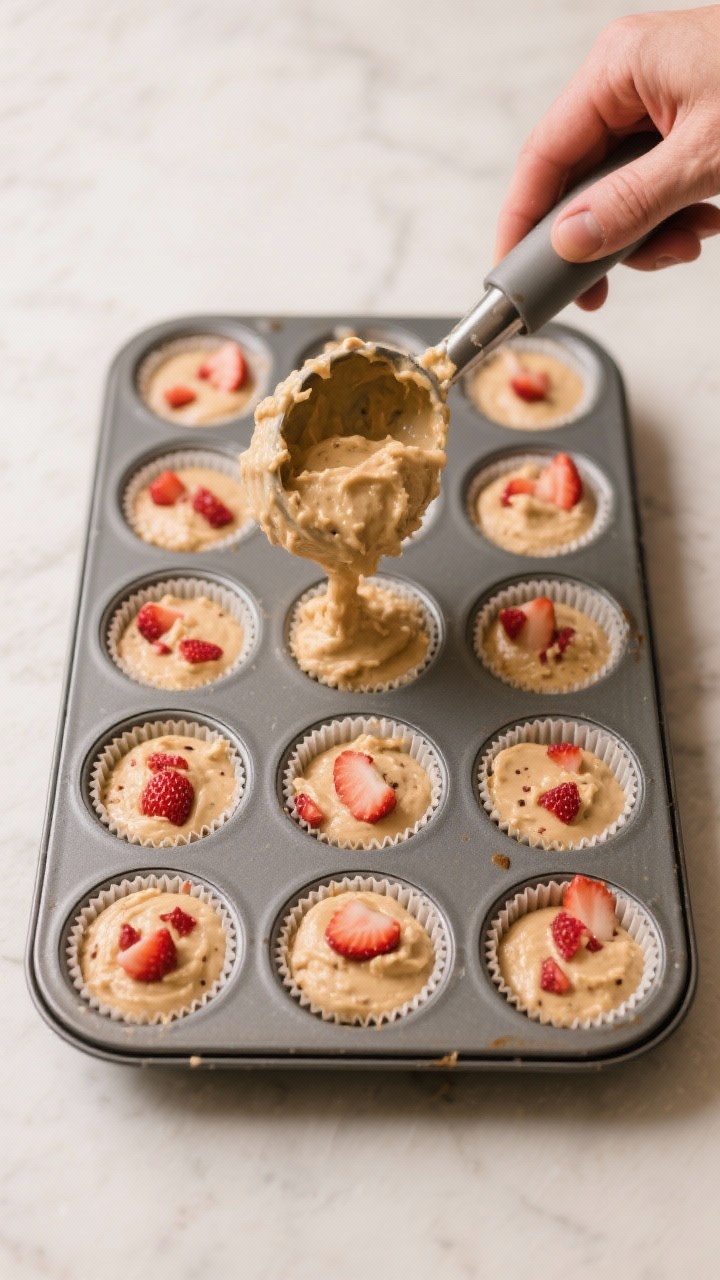 Cooking process: Overhead shot of a thick, scoopable muffin batter being portioned into a lined 12-c