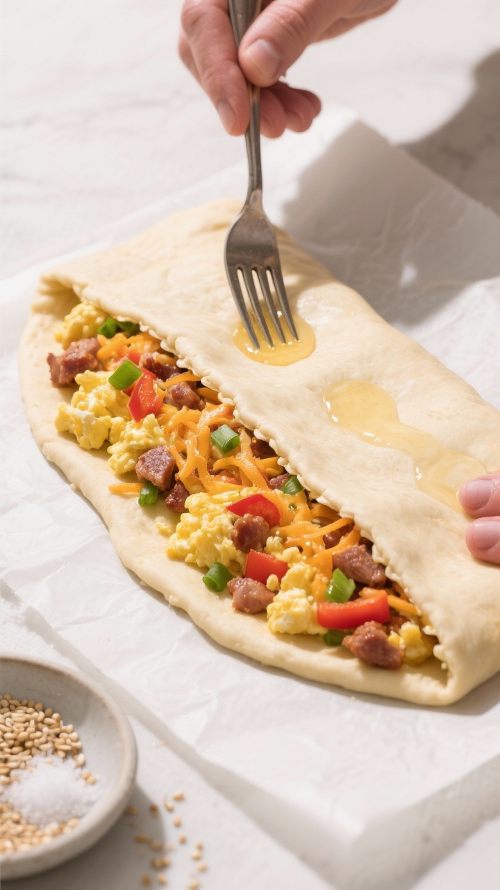Cooking process: Overhead shot of assembly in progress—rolled rectangular dough on parchment, a ne