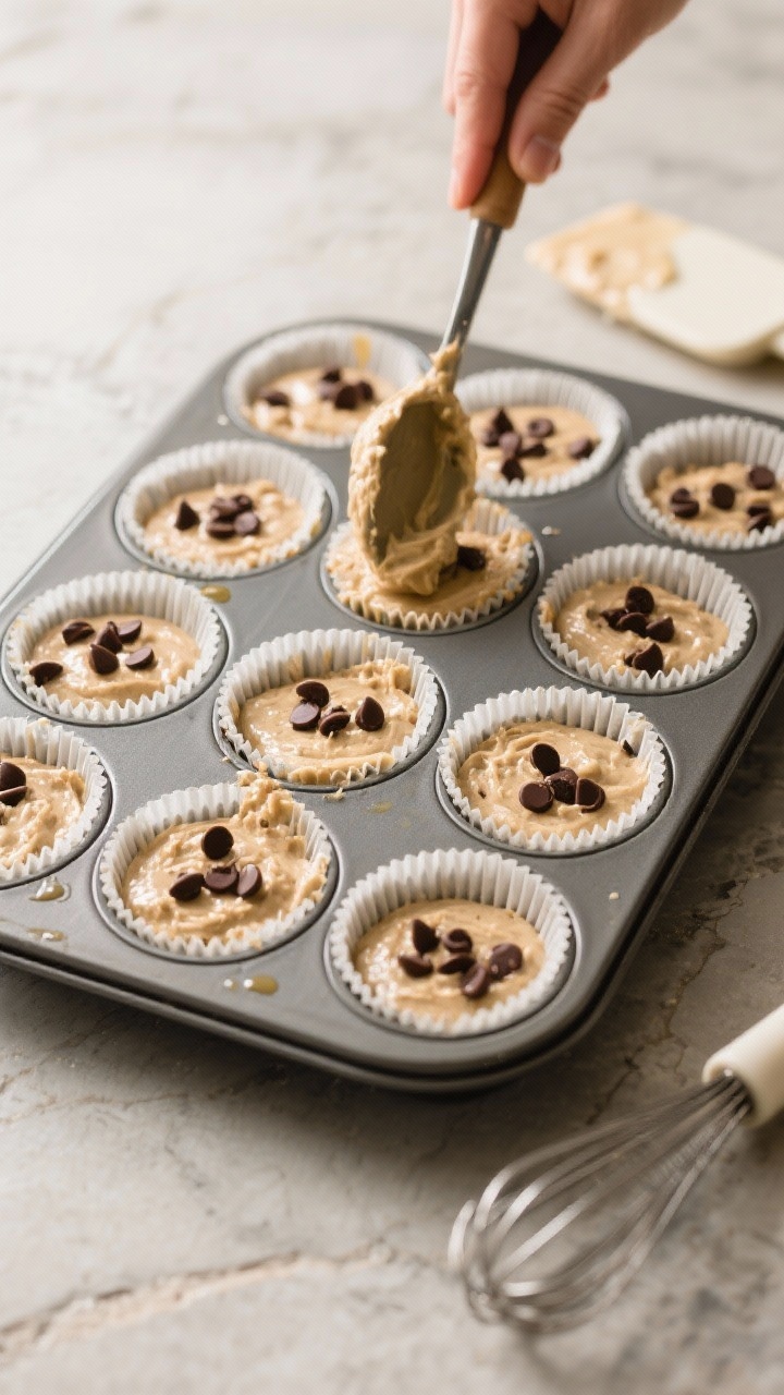 Cooking process: Overhead shot of muffin batter being portioned into a lined 12-cup tin, thick scoop